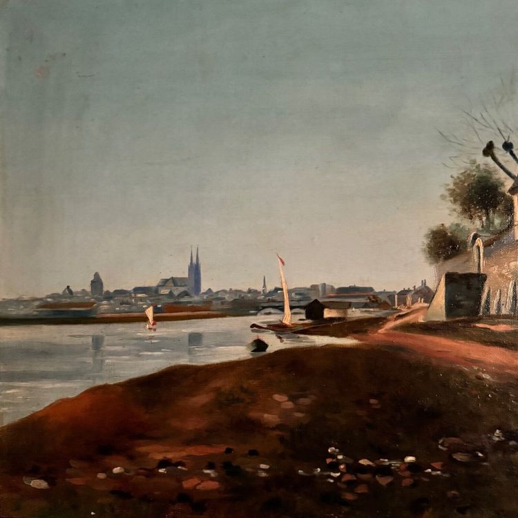 Olio su tela, riva del fiume, fine del XIX secolo, monogramma AT