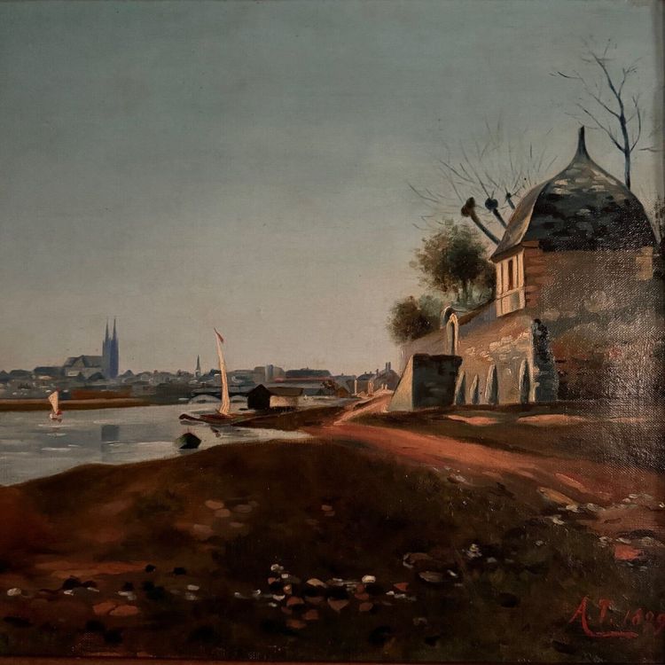 Olio su tela, riva del fiume, fine del XIX secolo, monogramma AT