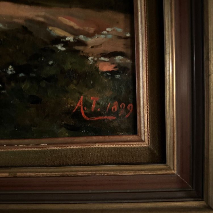 Olio su tela, riva del fiume, fine del XIX secolo, monogramma AT