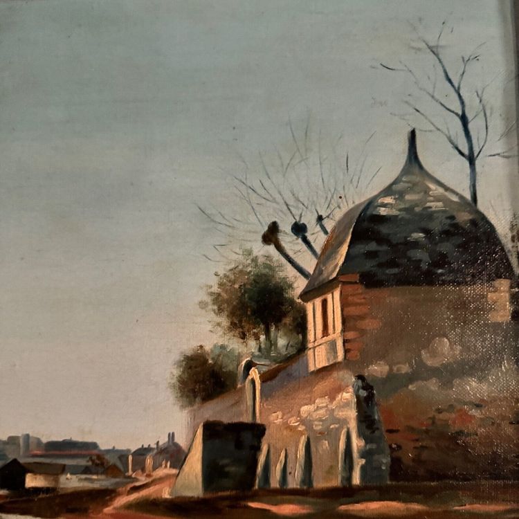 Olio su tela, riva del fiume, fine del XIX secolo, monogramma AT