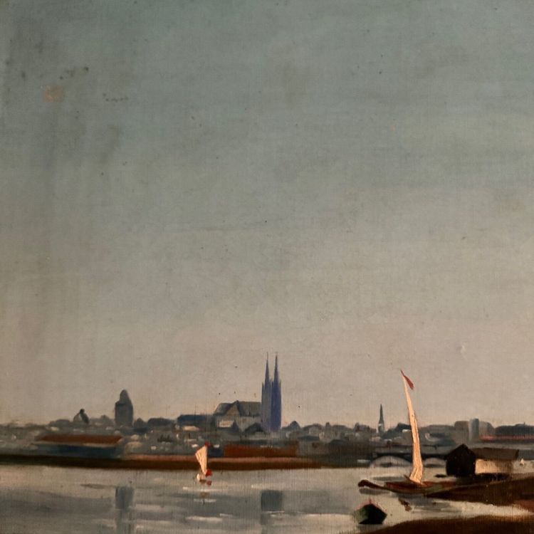 Olio su tela, riva del fiume, fine del XIX secolo, monogramma AT
