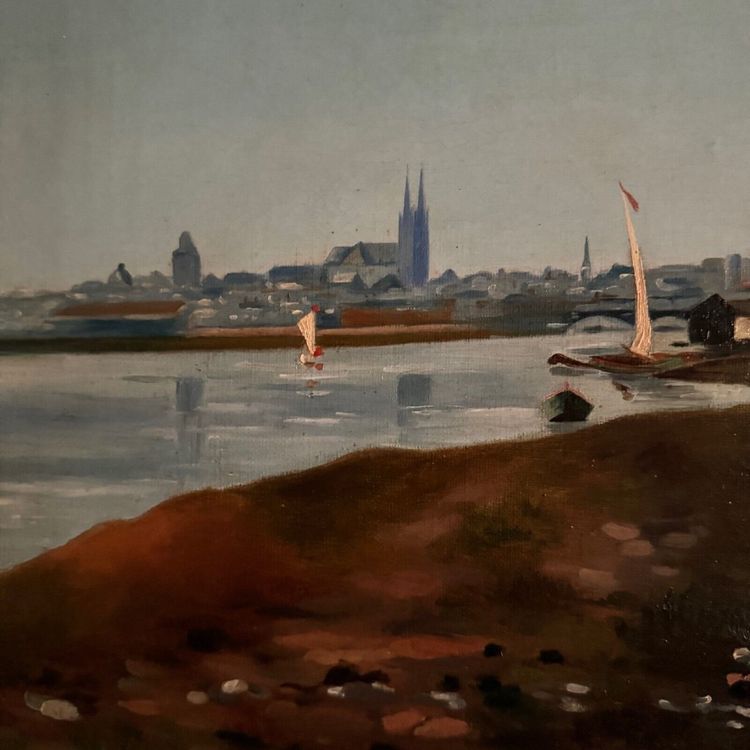 Olio su tela, riva del fiume, fine del XIX secolo, monogramma AT