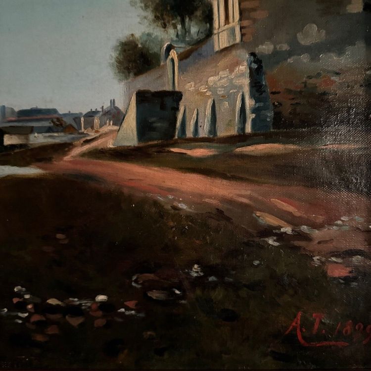 Olio su tela, riva del fiume, fine del XIX secolo, monogramma AT