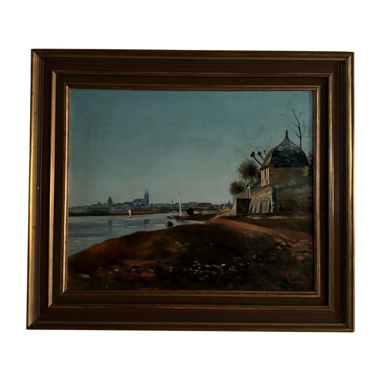 Olio su tela, riva del fiume, fine del XIX secolo, monogramma AT