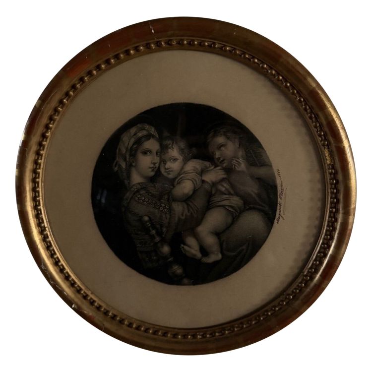 Gravure représentant la Madone XIXe dans cadre rond perlé à la feuille