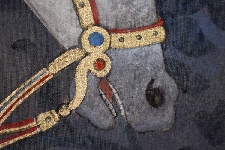 Bemalte Leinwand mit der Büste eines Indianerpferdes. Zeitgenössisch.  LS6336576U