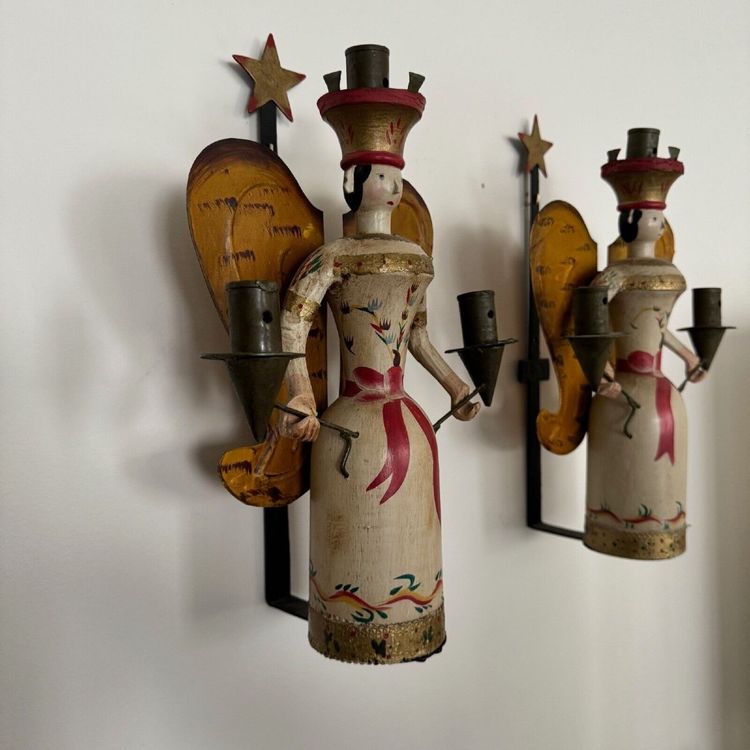 Pair of polychrome wooden wall lights on wrought iron support 1950