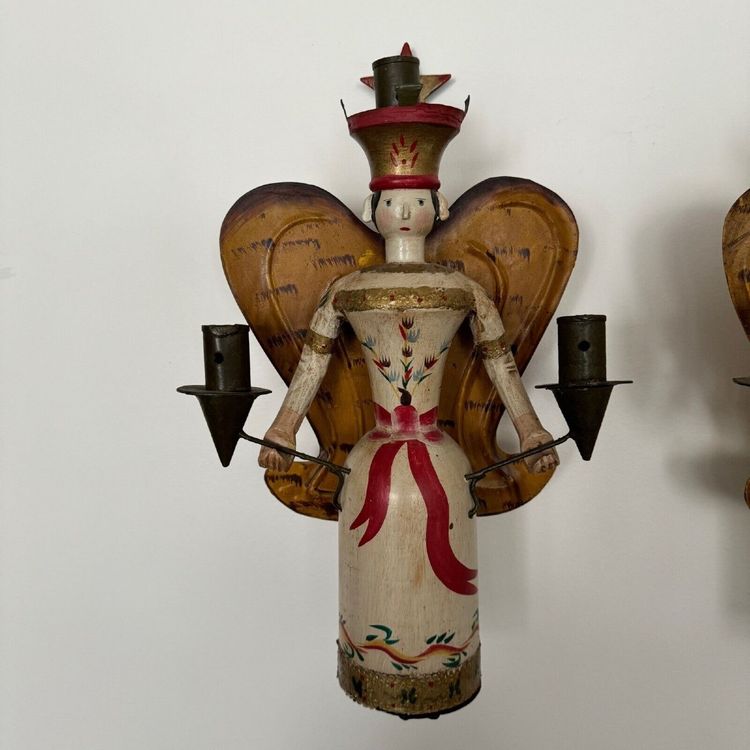 Pair of polychrome wooden wall lights on wrought iron support 1950