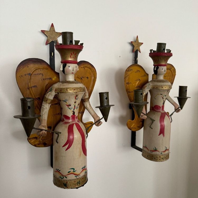 Pair of polychrome wooden wall lights on wrought iron support 1950