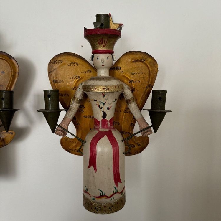 Pair of polychrome wooden wall lights on wrought iron support 1950
