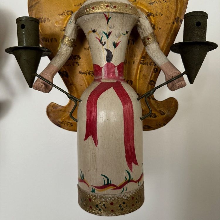 Pair of polychrome wooden wall lights on wrought iron support 1950