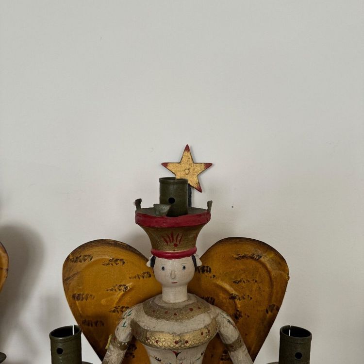 Pair of polychrome wooden wall lights on wrought iron support 1950