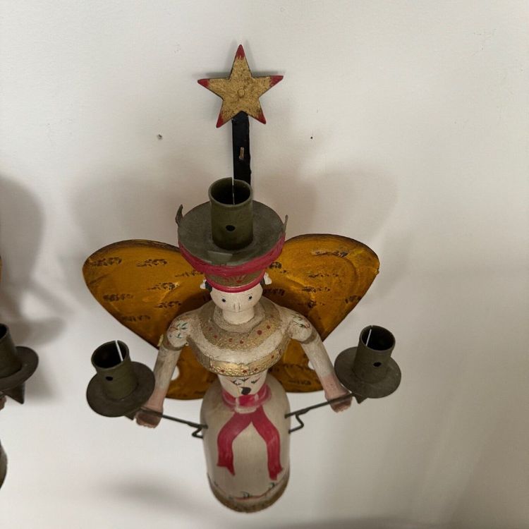 Pair of polychrome wooden wall lights on wrought iron support 1950