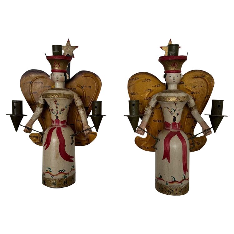 Pair of polychrome wooden wall lights on wrought iron support 1950