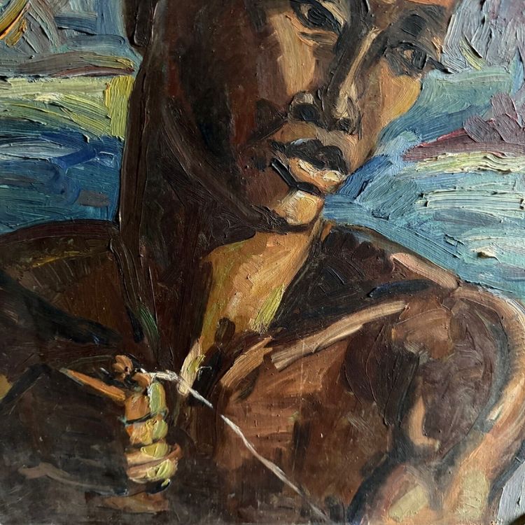 Oil on panel portrait of a Comorian woman at work 1950