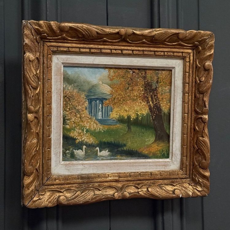 Huile sur toile par C. Jeunault 1938 kiosque et cygnes dans un parc