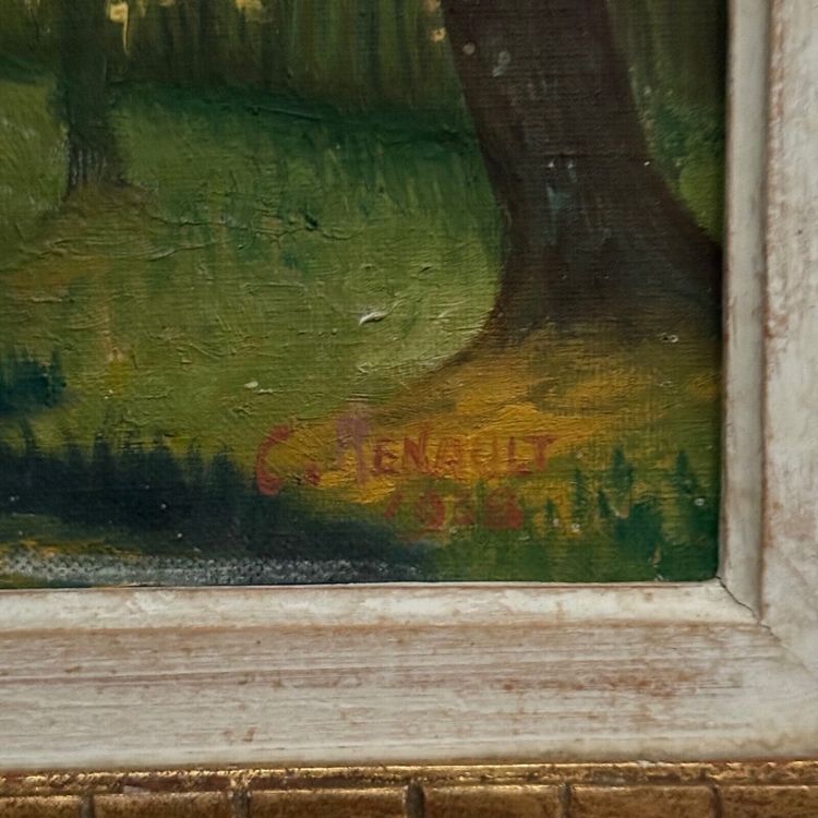 Huile sur toile par C. Jeunault 1938 kiosque et cygnes dans un parc