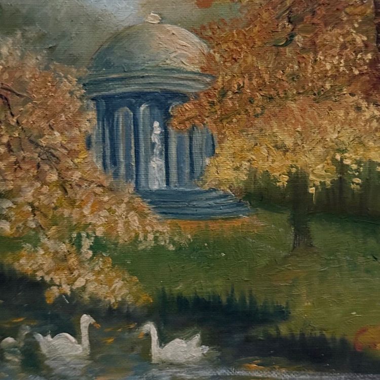 Huile sur toile par C. Jeunault 1938 kiosque et cygnes dans un parc