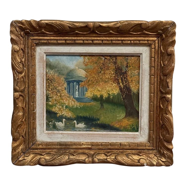 Huile sur toile par C. Jeunault 1938 kiosque et cygnes dans un parc