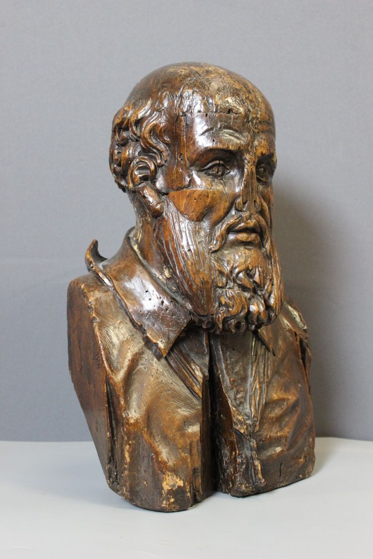 Busto in legno intagliato di Michel de l'Hospital, fine XVI secolo 