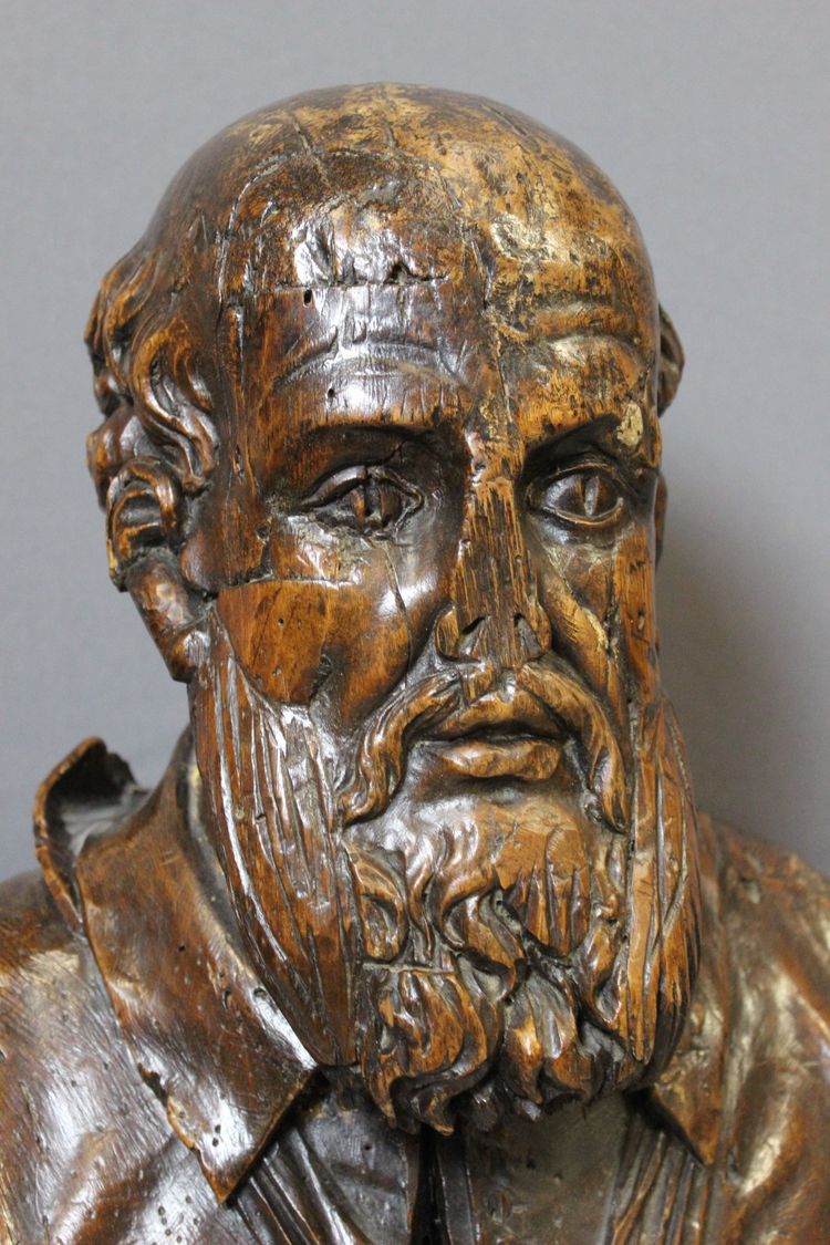 Busto in legno intagliato di Michel de l'Hospital, fine XVI secolo 