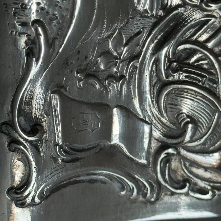 19th century silver tea box with romantic decor and Louis XV musicians