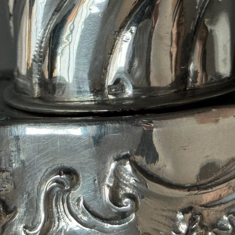 19th century silver tea box with romantic decor and Louis XV musicians