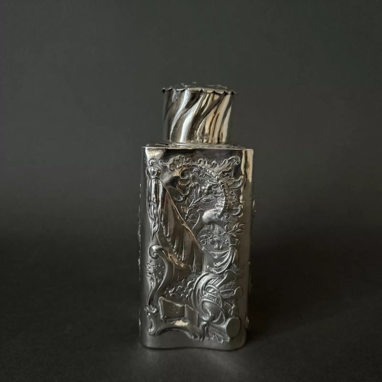 19th century silver tea box with romantic decor and Louis XV musicians