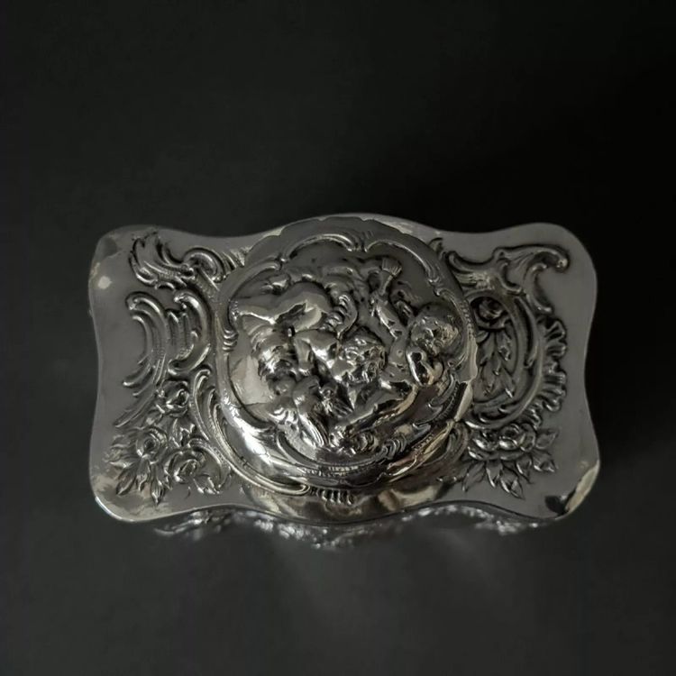19th century silver tea box with romantic decor and Louis XV musicians