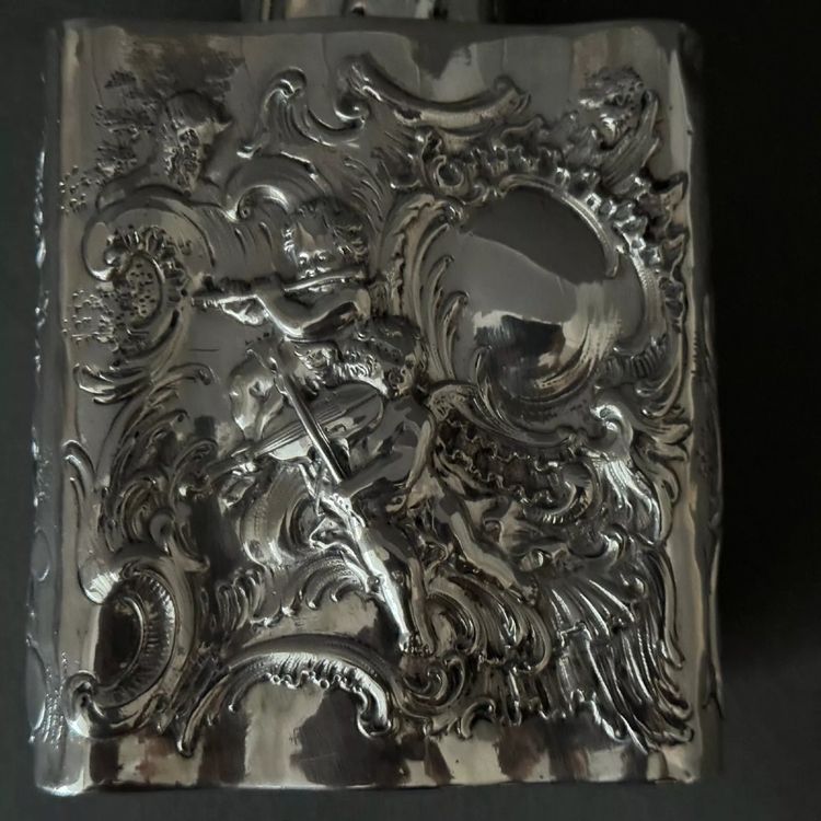 19th century silver tea box with romantic decor and Louis XV musicians