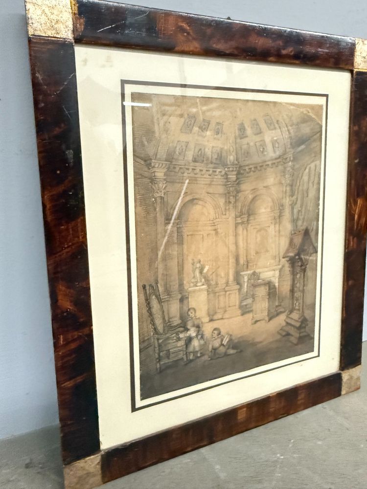 Antico disegno con bambini e architetture. Gael Covelli, fine '800, mis 51x43cm. Firmato in basso a 