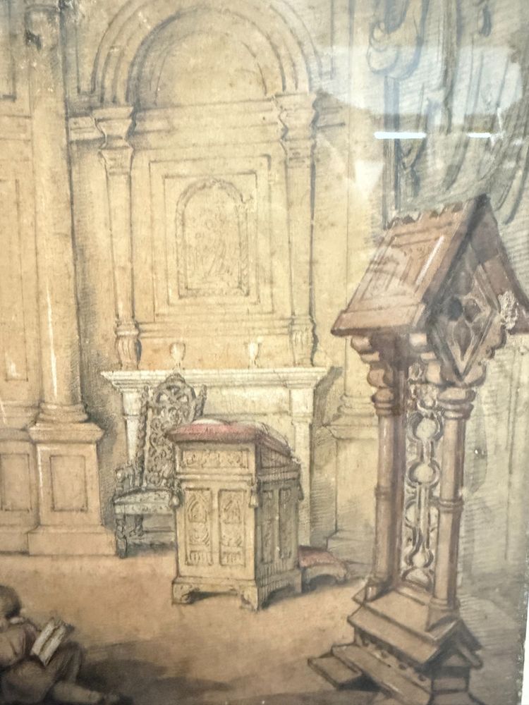 Antico disegno con bambini e architetture. Gael Covelli, fine '800, mis 51x43cm. Firmato in basso a 