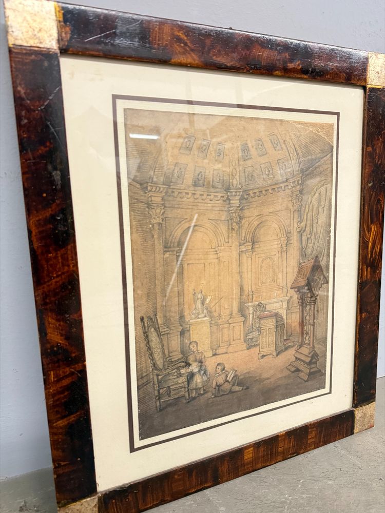 Antico disegno con bambini e architetture. Gael Covelli, fine '800, mis 51x43cm. Firmato in basso a 