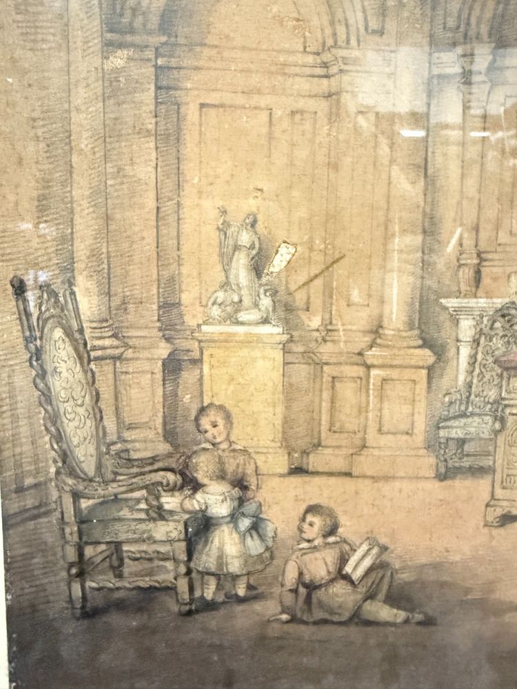 Antico disegno con bambini e architetture. Gael Covelli, fine '800, mis 51x43cm. Firmato in basso a 
