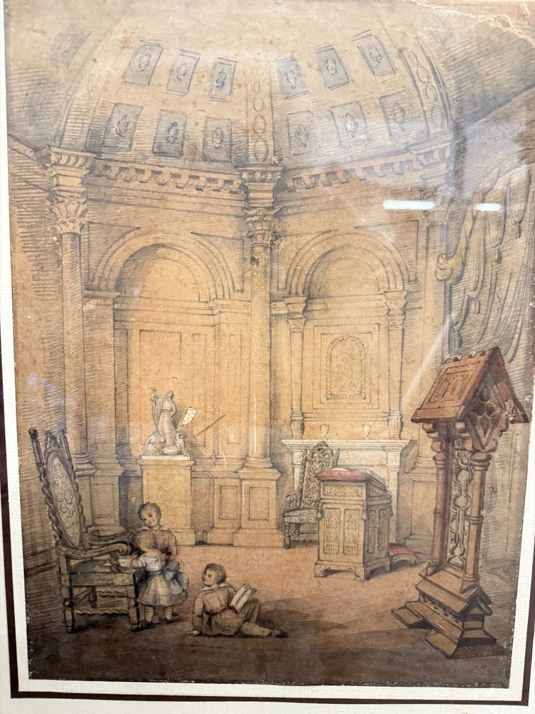 Antico disegno con bambini e architetture. Gael Covelli, fine '800, mis 51x43cm. Firmato in basso a 