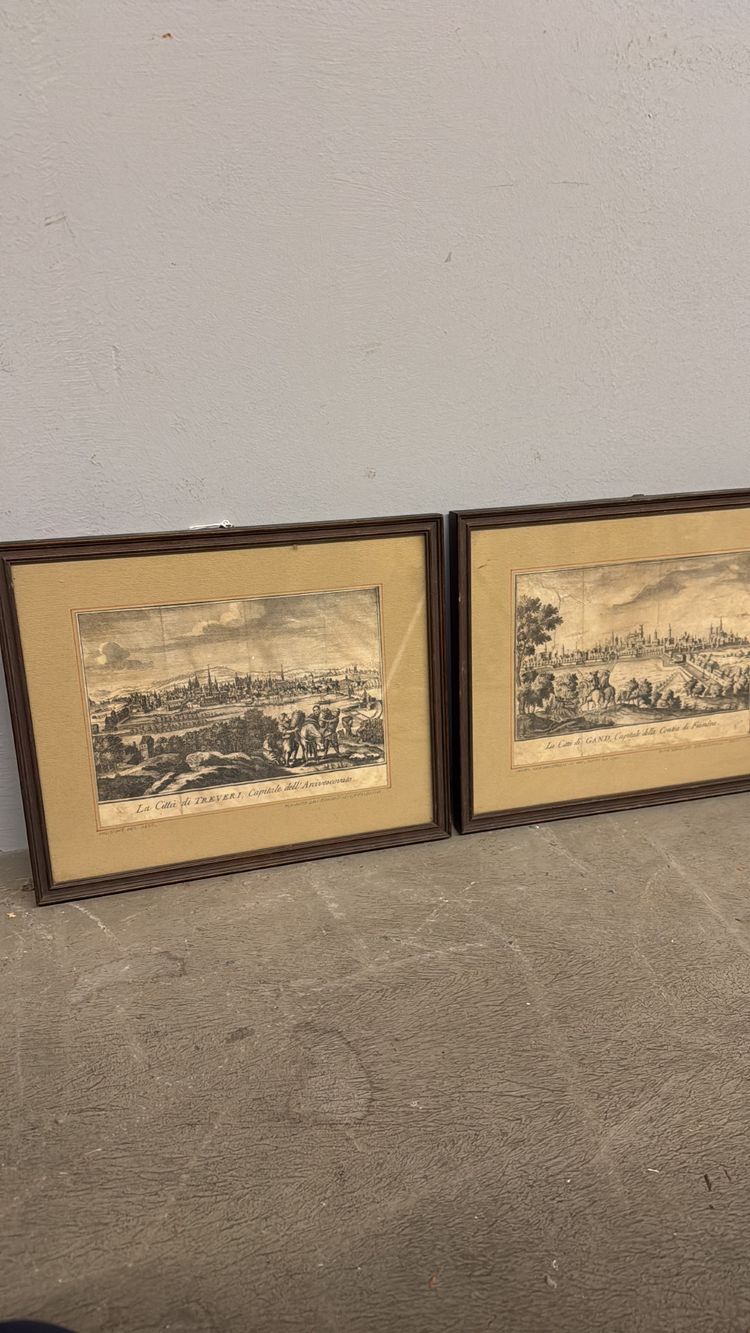 Gravures anciennes du XIXe siècle avec les villes de Gand et de Trèves, 26x31cm