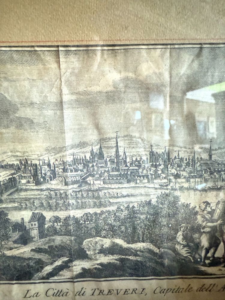 Gravures anciennes du XIXe siècle avec les villes de Gand et de Trèves, 26x31cm