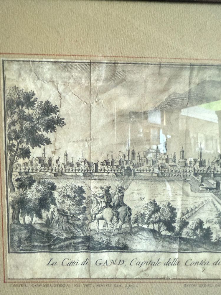 Gravures anciennes du XIXe siècle avec les villes de Gand et de Trèves, 26x31cm