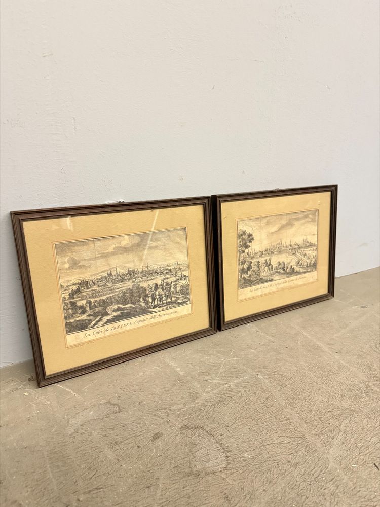 Gravures anciennes du XIXe siècle avec les villes de Gand et de Trèves, 26x31cm