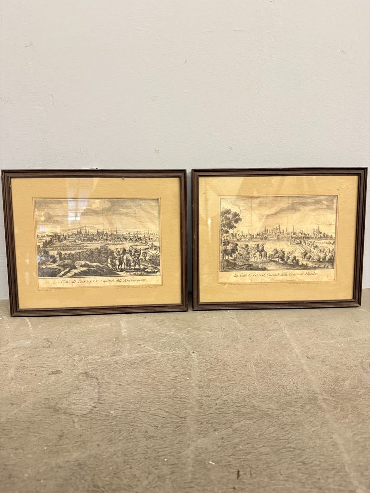 Gravures anciennes du XIXe siècle avec les villes de Gand et de Trèves, 26x31cm