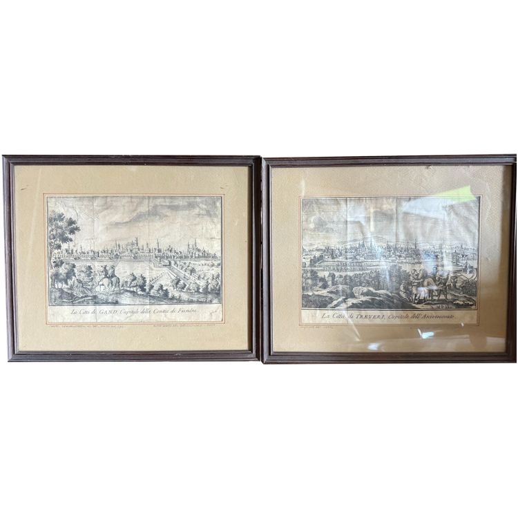 Gravures anciennes du XIXe siècle avec les villes de Gand et de Trèves, 26x31cm