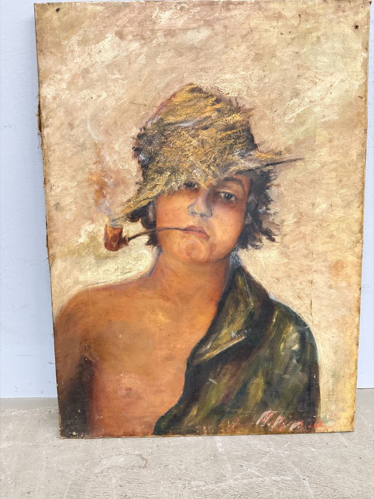 Antique oil painting on canvas from the late 19th century, depicting a Neapolitan street urchin 64x47 cm. Undecipherable signature