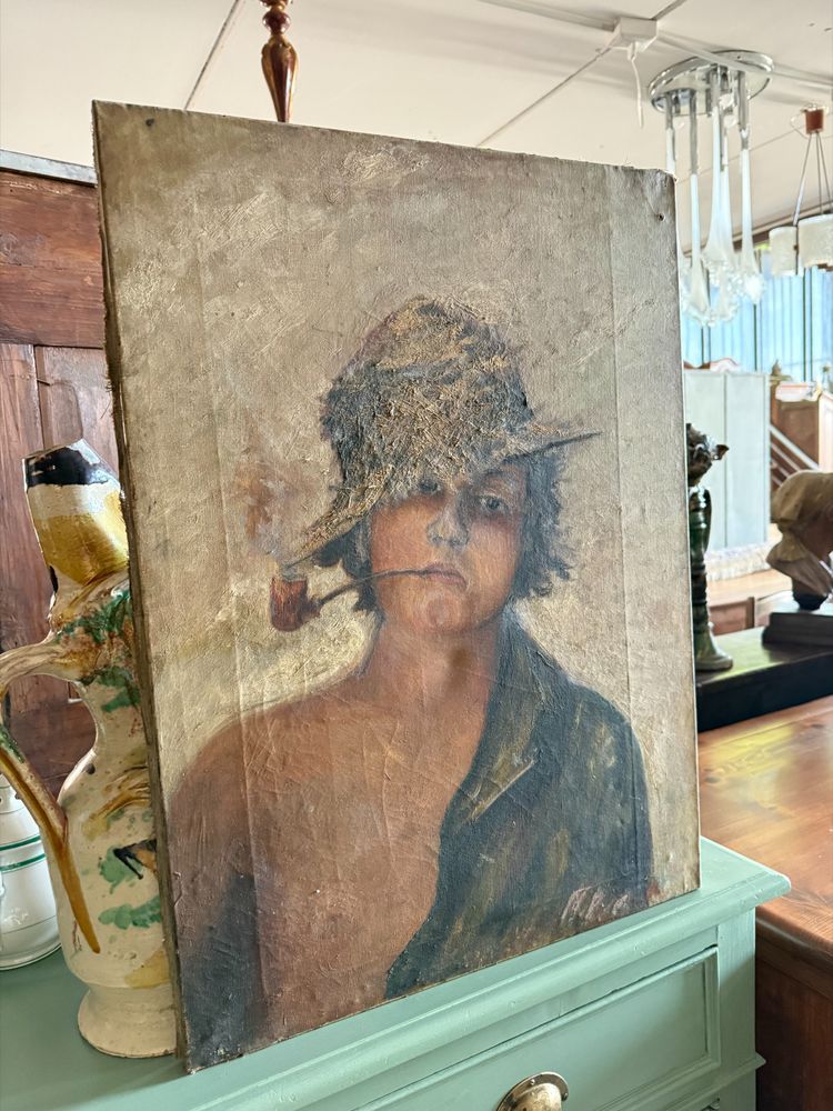 Antique oil painting on canvas from the late 19th century, depicting a Neapolitan street urchin 64x47 cm. Undecipherable signature