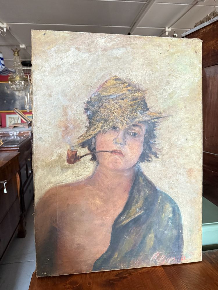 Antique oil painting on canvas from the late 19th century, depicting a Neapolitan street urchin 64x47 cm. Undecipherable signature