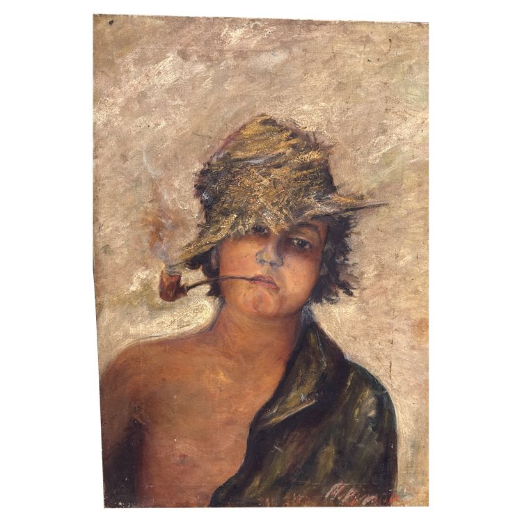 Antique oil painting on canvas from the late 19th century, depicting a Neapolitan street urchin 64x47 cm. Undecipherable signature