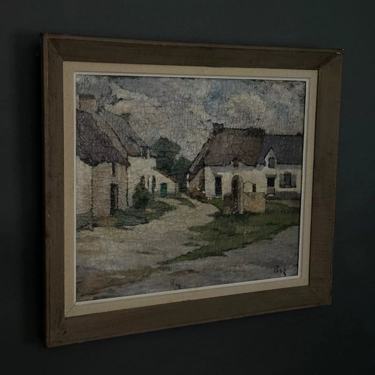 Huile sur toile fermettes bretonnes par Pasquier début XXe