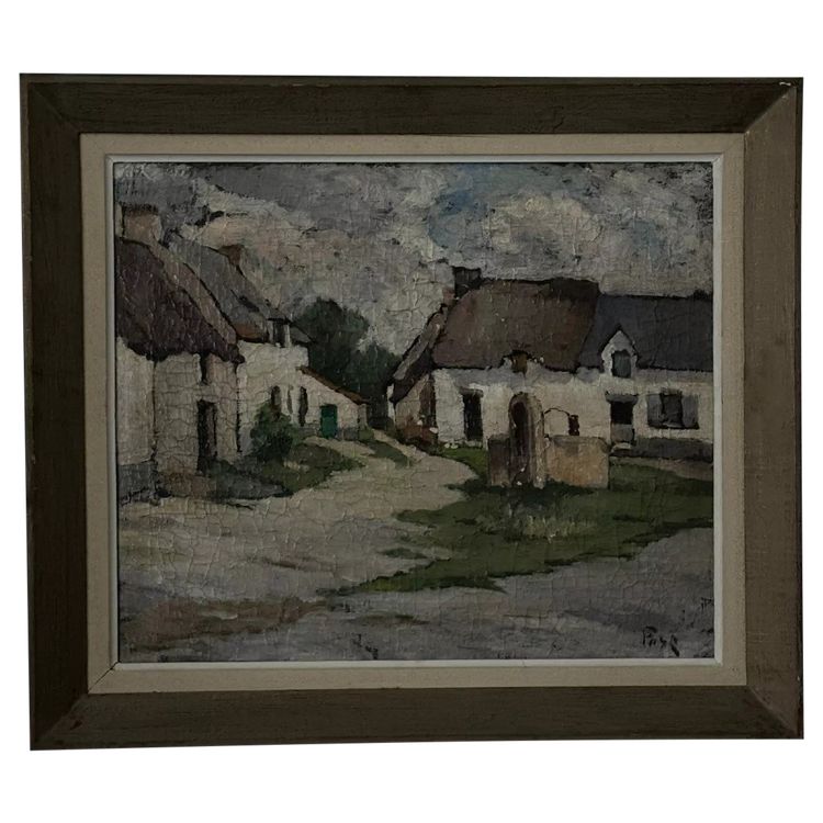 Huile sur toile fermettes bretonnes par Pasquier début XXe