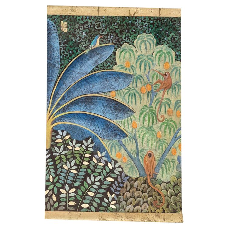 Bemalte Leinwand mit der Darstellung von Affen auf einem Obstbaum. Zeitgenössisch.  LS6136459I