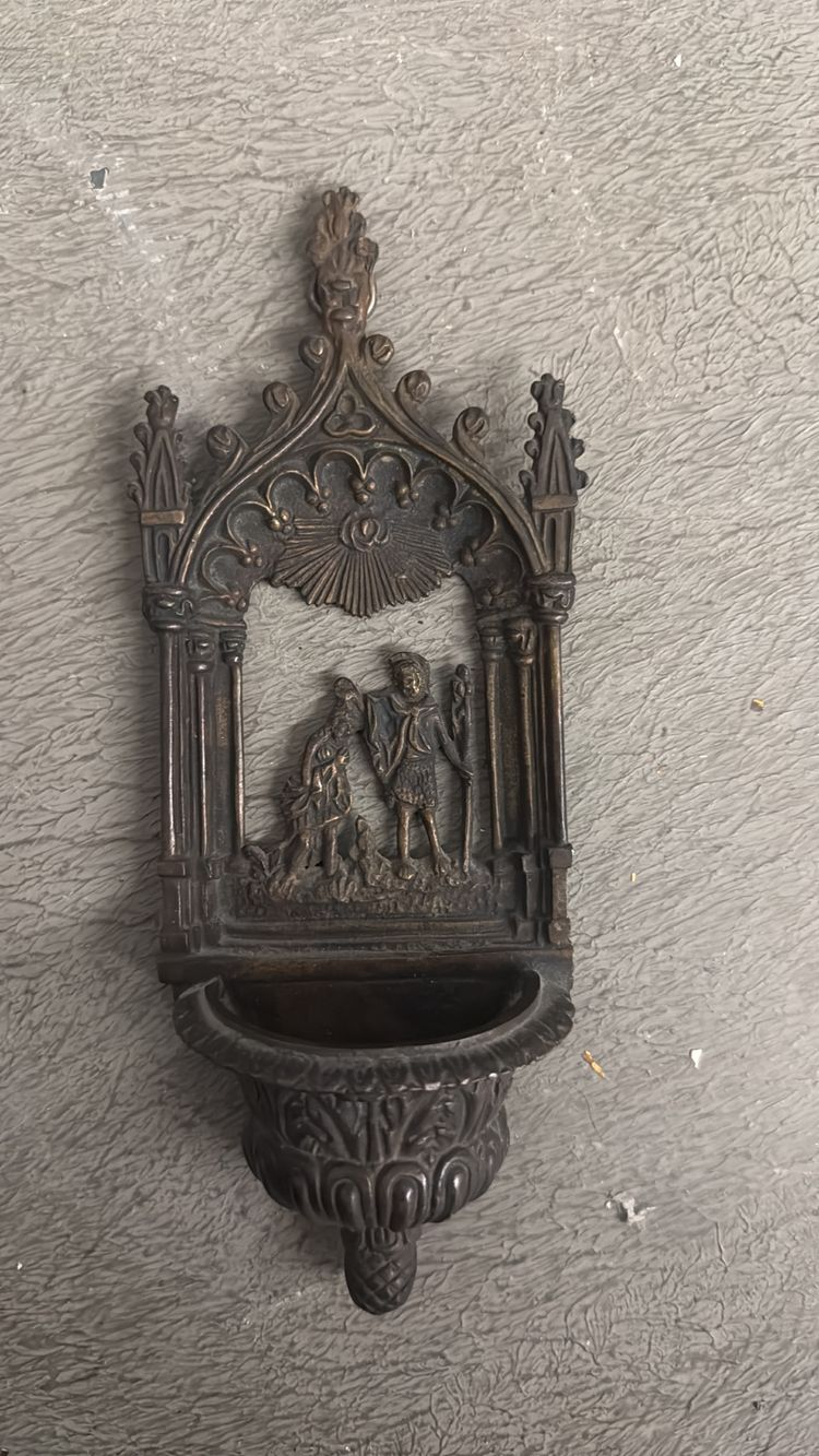 Bénitier ancien en bronze, XIXe siècle, baptême de Jésus, 21x8x4cm