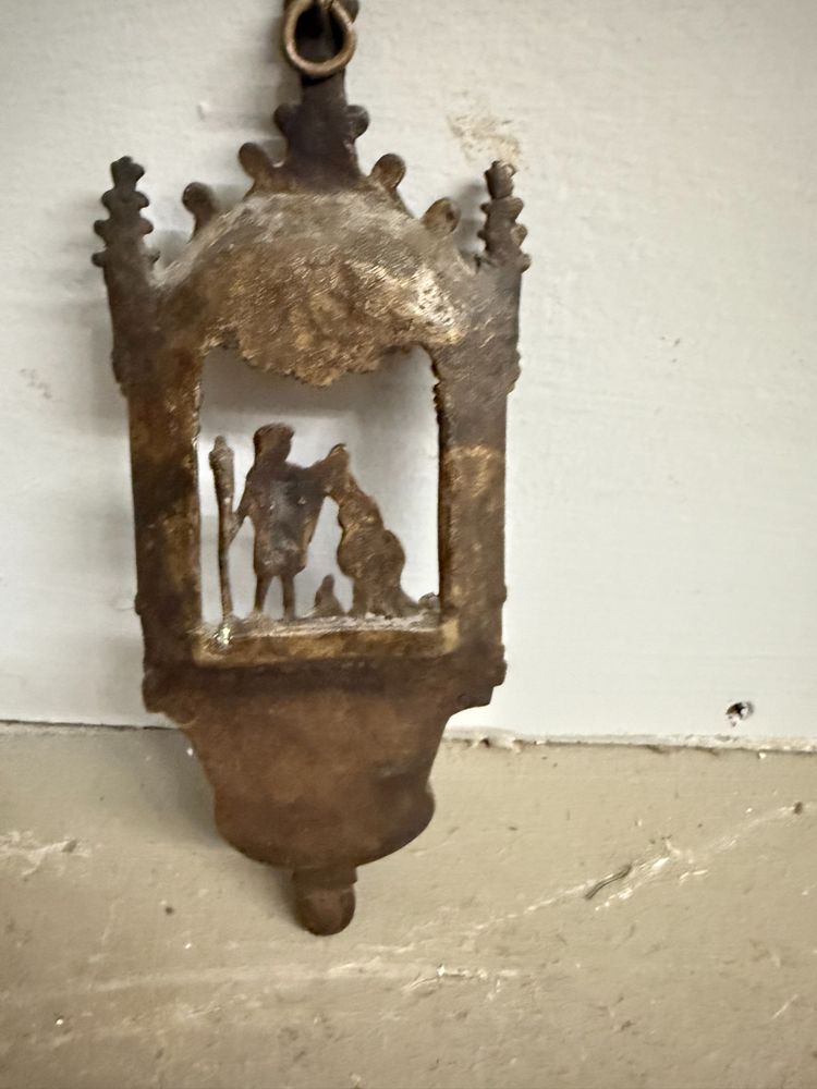 Bénitier ancien en bronze, XIXe siècle, baptême de Jésus, 21x8x4cm